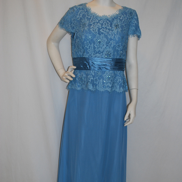 Long Blue Mothers Gown Lace Chiffon Satin Trim SS - Picture 1 of 8